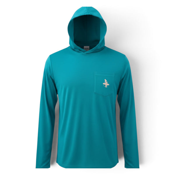 LBC Hooded Sun Shirt teal colorway — UPF 20+ bamboo hooded sun shirt with chest pocket and LBC logo detail | Lost Boy Creations Key West
