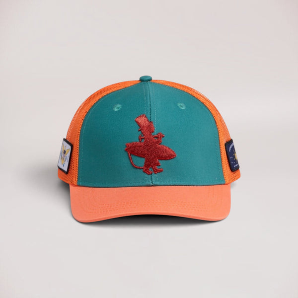Lost Boy Creations Coral Reefer snapback hat with teal front, orange brim, mesh back, and red embroidered logo.