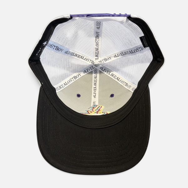 3D Hat in Royal Purple — interior view, #LiveLikeALostBoy branded taping, black brim underside, purple snapback closure | Lost Boy Creations Key West