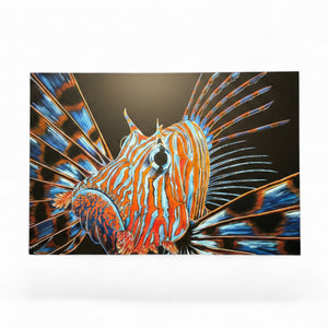 Lost Boy Creations Venom lionfish art print featuring vibrant orange and blue stripes on a black background