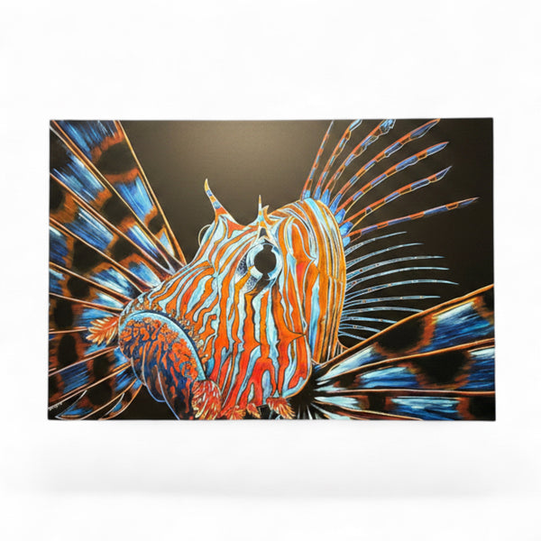 Lost Boy Creations Venom lionfish art print featuring vibrant orange and blue stripes on a black background