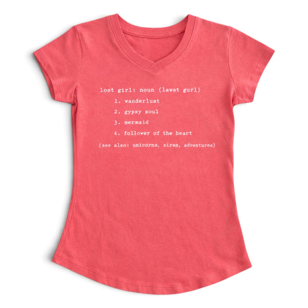 Kid's Lost Girl Tee in Watermelon — front flat lay, white Lost Girl dictionary definition graphic | Lost Boy Creations Key West