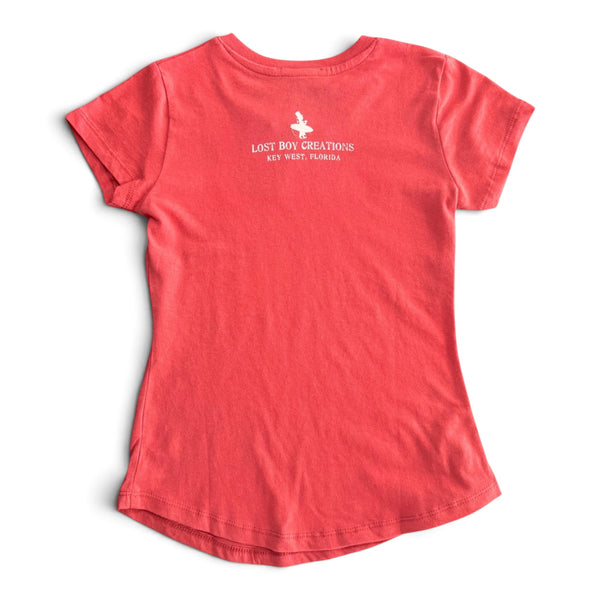Kid's Lost Girl Tee in Watermelon — back flat lay, white LBC logo graphic | Lost Boy Creations Key West