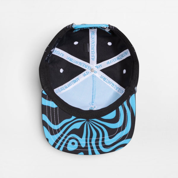 Lost Boy Creations Wave Runner snapback hat interior showing black and aqua wave pattern underbrim and branded taping.
