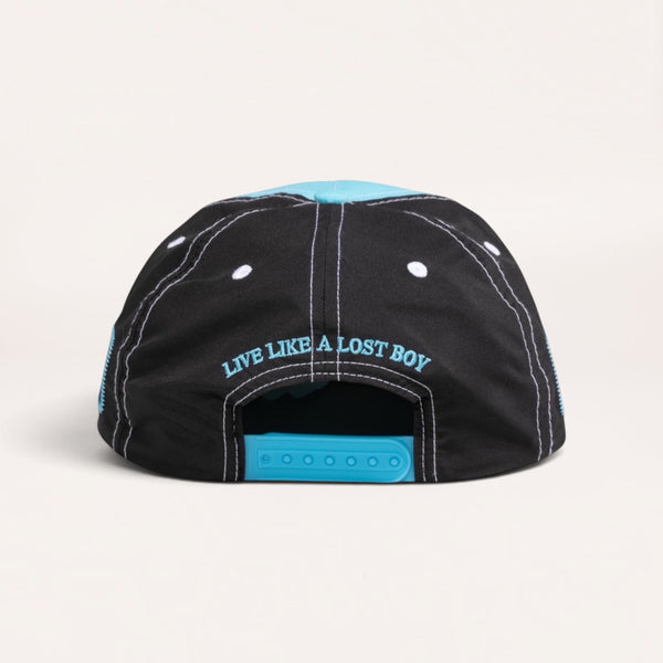 Back view of Lost Boy Creations Wave Runner snapback hat in black and aqua with Live Like a Lost Boy embroidery