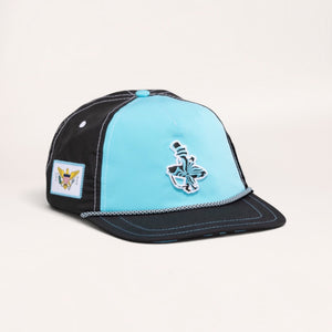 Lost Boy Creations Wave Runner snapback hat in black and aqua with rope brim and US Virgin Islands side patch