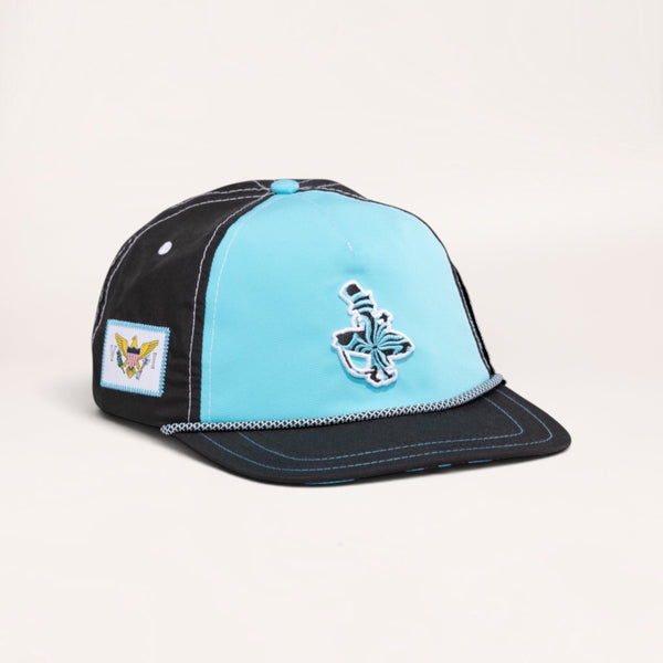 Lost Boy Creations Wave Runner snapback hat in black and aqua with rope brim and US Virgin Islands side patch