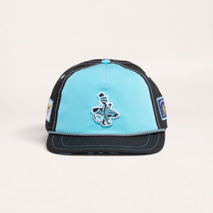 Lost Boy Creations Wave Runner snapback hat in black and aqua with a rope brim and embroidered wave logo