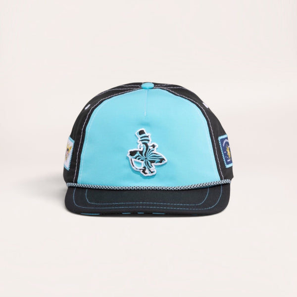 Lost Boy Creations Wave Runner snapback hat in black and aqua with a rope brim and embroidered wave logo