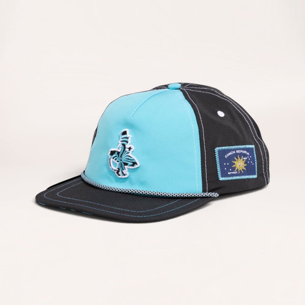 Lost Boy Creations Wave Runner snapback hat in black and aqua with rope brim and Conch Republic side patch