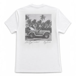 Lost Boy Creations white Bronco Tee 2.0 featuring a black and gray graphic of a vintage SUV with a surfboard on back