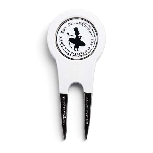 Lost Boy Creations white divot tool with a black metal magnetic ball marker featuring the LBC logo
