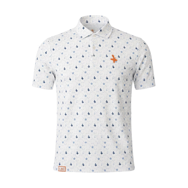 LBC Golf Polo white ghost mannequin front view with all-over Key West vibe pattern of surfer silhouettes and stars with orange LBC logo on left chest | Lost Boy Creations Key West
