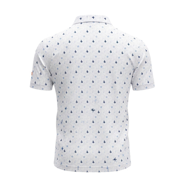 LBC Golf Polo white ghost mannequin back view showing all-over Key West vibe pattern of surfer silhouettes and stars with orange LBC sleeve patch | Lost Boy Creations Key West