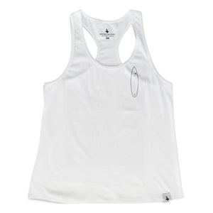 Lost Boy Creations white racerback tank top featuring a small blue surfboard graphic on the chest