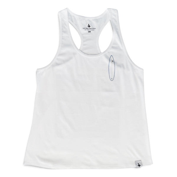 Lost Boy Creations white racerback tank top featuring a small blue surfboard graphic on the chest