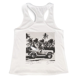 Lost Boy Creations white racerback tank top featuring a vintage Bronco and surfboard graphic on the back