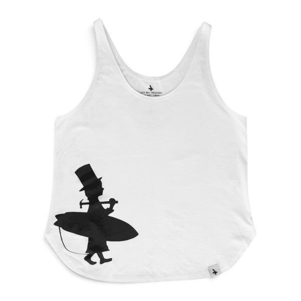 Women's Silhouette Tank in White — front flat lay with off-center black Lost Boy surfer silhouette with top hat and surfboard | Lost Boy Creations Key West