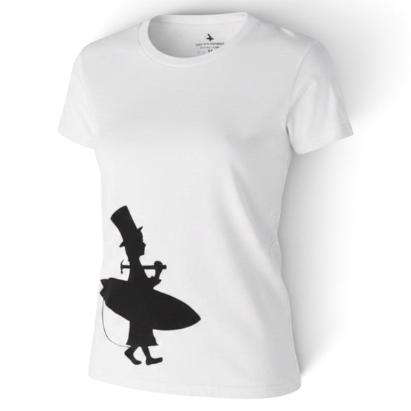Men's Lost Boy Silhouette Tee white ghost mannequin front view with off-center black Lost Boy surfer silhouette graphic | Lost Boy Creations Key West