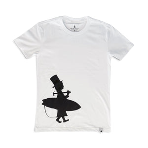 Lost Boy Creations white cotton crew neck t-shirt featuring an off-center black silhouette graphic of a boy surfer.