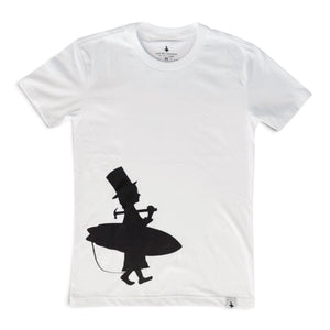 Men's Lost Boy Silhouette Tee white front flat lay with off-center black Lost Boy surfer silhouette graphic | Lost Boy Creations Key West