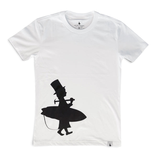 Men's Lost Boy Silhouette Tee white front flat lay with off-center black Lost Boy surfer silhouette graphic | Lost Boy Creations Key West