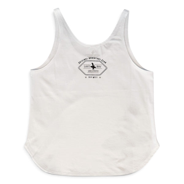 Women's Silhouette Tank in White — back flat lay with Original Adventure Gear Lost Boy Creations Key West logo | Lost Boy Creations Key West