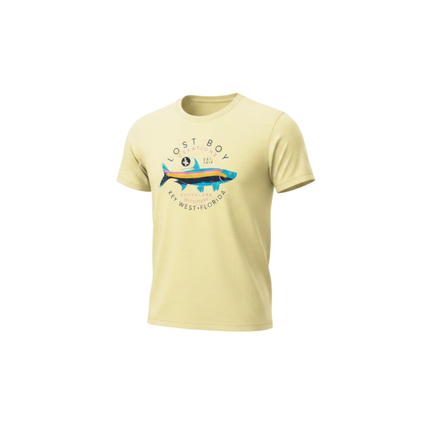 Lost Boy Creations Kid's Silver King Tee in lemon yellow on ghost mannequin showing colorful tarpon graphic and Key West Florida text | Lost Boy Creations Key West