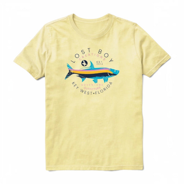 Lost Boy Creations lemon yellow cotton crew neck t-shirt featuring a colorful Silver King tarpon graphic on the front.