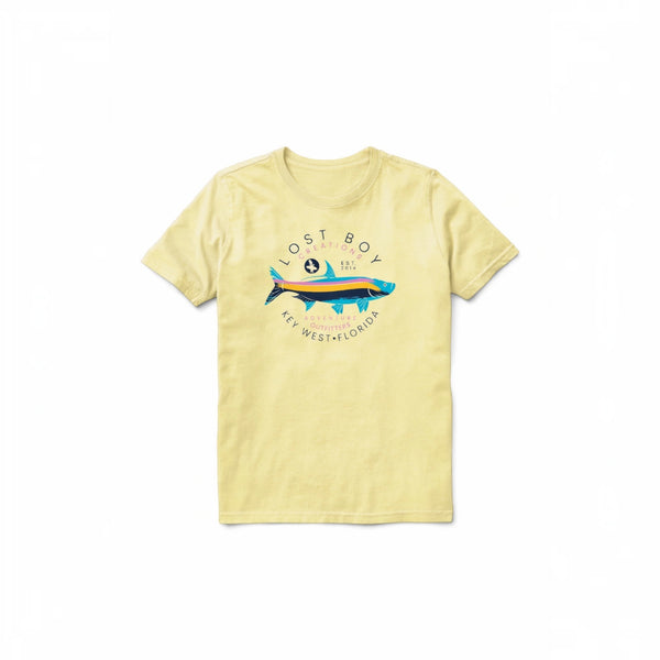 Lost Boy Creations Kid's Silver King Tee in lemon yellow laid flat showing colorful tarpon graphic and Key West Florida text | Lost Boy Creations Key West