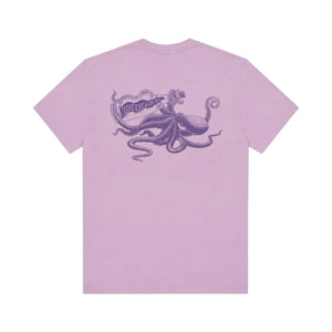 Men's Octopus Tee 2.0 in Purple — back flat lay, full darker purple octopus graphic holding Live Like a Lost Boy bottle | Lost Boy Creations Key West