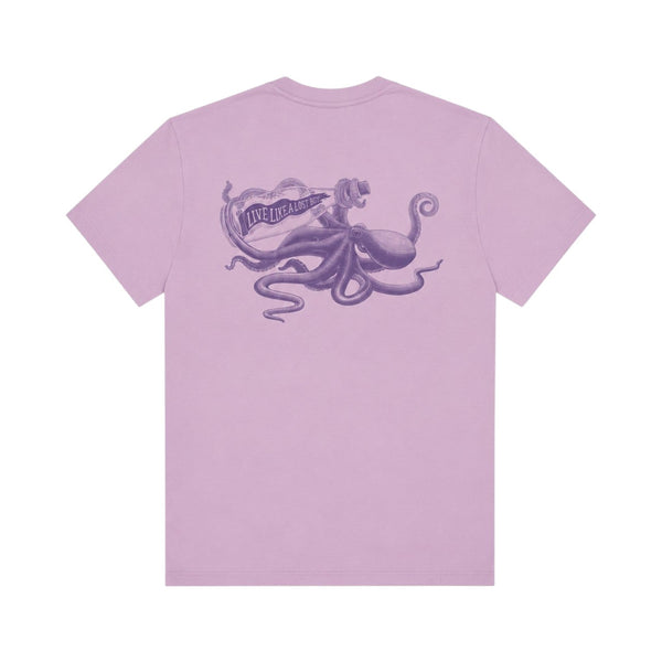 Men's Octopus Tee 2.0 in Purple — back flat lay, full darker purple octopus graphic holding Live Like a Lost Boy bottle | Lost Boy Creations Key West