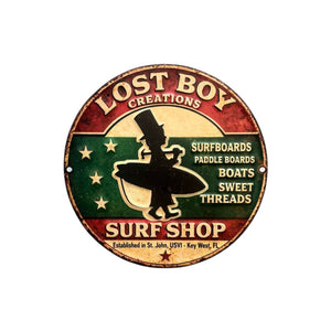 Lost Boy Creations 12 inch round metal sign with antique finish and retro LBC logo design | Lost Boy Creations Key West