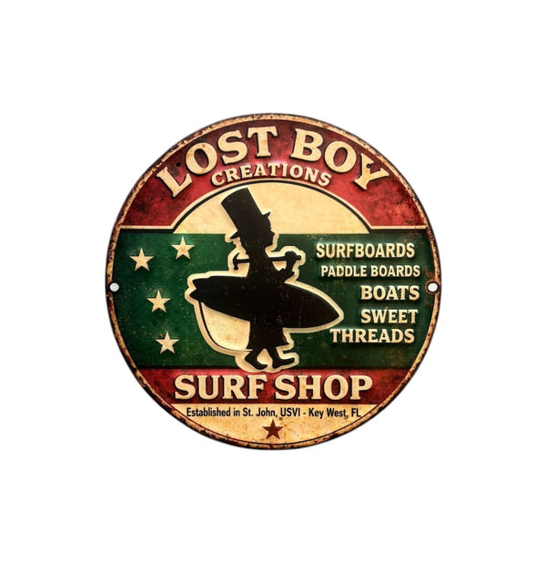 Lost Boy Creations 12 inch round metal sign with antique finish and retro LBC logo design | Lost Boy Creations Key West
