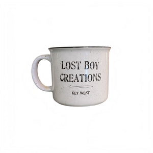 Lost Boy Creations ceramic mug left handle facing showing Lost Boy Creations Key West text logo | Lost Boy Creations Key West