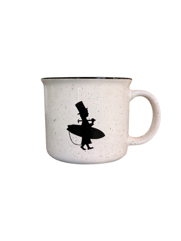 White mug with black rim and handle featuring a Lost Boy Creations silhouette