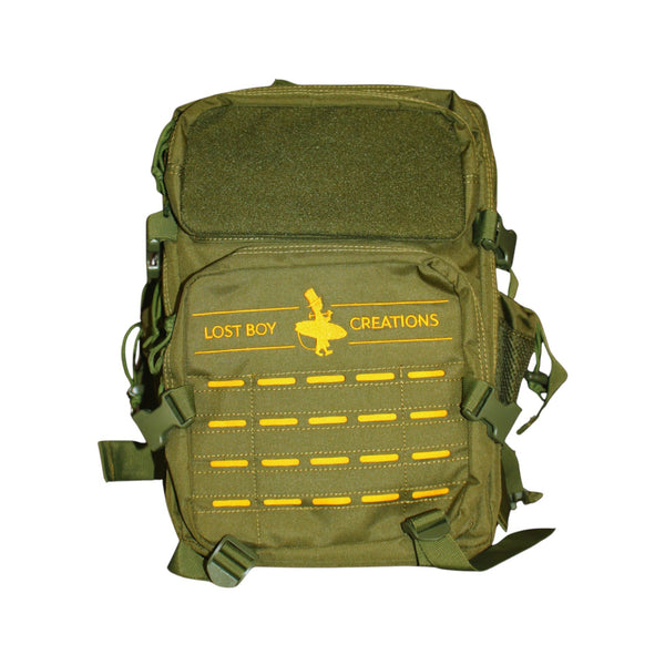 Lost Boy Creations 25L adventure backpack Olive Yellow colorway front view with velcro patch panel | Lost Boy Creations Key West