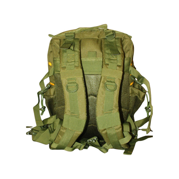 Lost Boy Creations 25L adventure backpack Olive Yellow colorway back view showing padded straps and back panel | Lost Boy Creations Key West