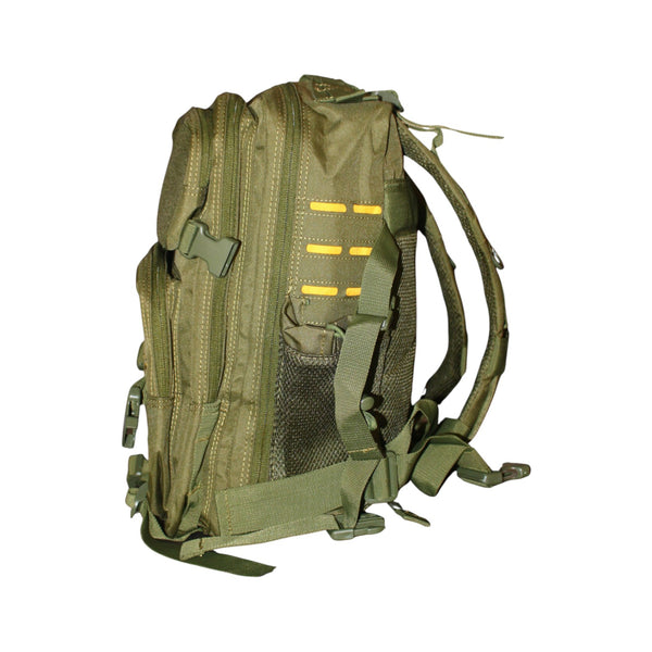 Lost Boy Creations 25L adventure backpack Olive Yellow colorway side view showing straps and pockets | Lost Boy Creations Key West
