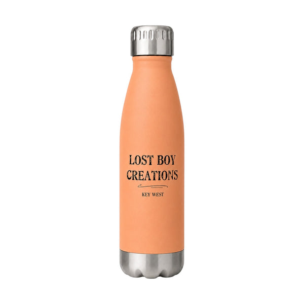 Lost Boy Water Bottle in Orange — back view, 16 oz insulated stainless steel | Lost Boy Creations Key West
