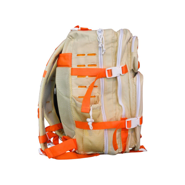 Lost Boy Creations 45L adventure backpack Orange Cream colorway side view showing straps and pockets | Lost Boy Creations Key West