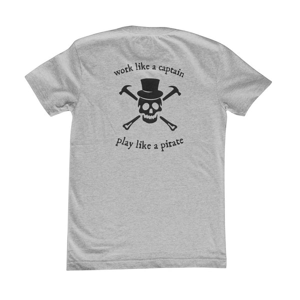 Men's Pirate Tee 2.0 in Heather Gray — back view with Work Like a Captain, Play Like a Pirate text and Lost Boy Jolly Roger graphic | Lost Boy Creations Key West
