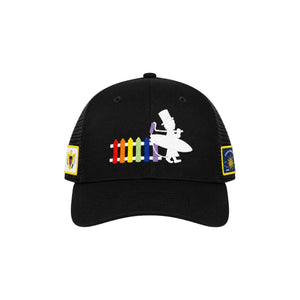 2026 Pride Hat in Black — flat lay, white LBC silhouette holding a paint roller as if painting a fence, pride rainbow colorway with USVI and Conch Republic patches | Lost Boy Creations Key West