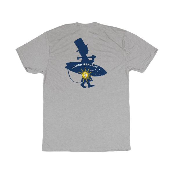 Gray t-shirt with a blue graphic design on the back 