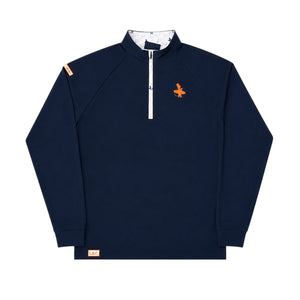 LBC Golf 1/4 Zip in Navy — front flat lay, orange Lost Boy Creations patch on left chest, LBC golf polo pattern on zipper and interior lining | Lost Boy Creations Key West