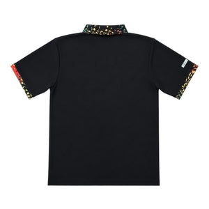 Rasta Golf Polo in Black — back flat lay, Rasta lion print design on collar and arm trim detail | Lost Boy Creations Key West