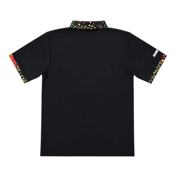 Rasta Golf Polo in Black — back flat lay, Rasta lion print design on collar and arm trim detail | Lost Boy Creations Key West