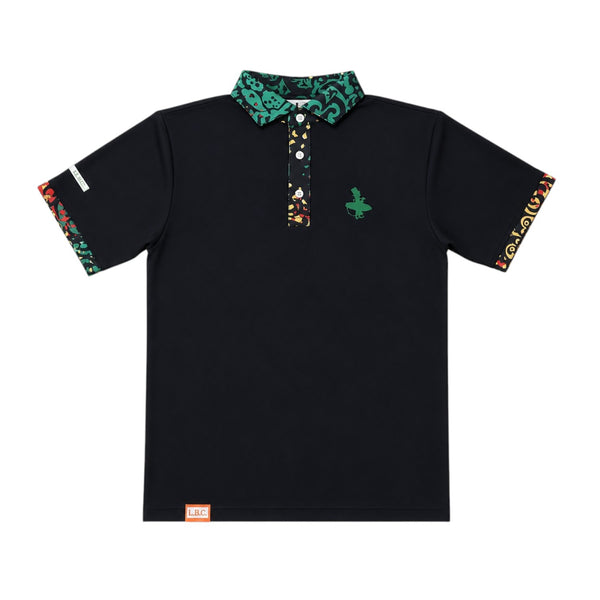 Rasta Golf Polo in Black — front flat lay, green Lost Boy Creations logo on left chest with Rasta lion print design on collar, placket, and arm trim | Lost Boy Creations Key West