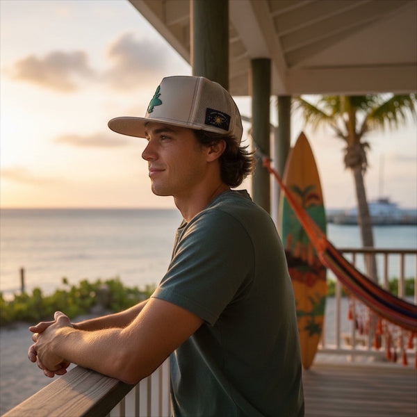 Forest Sand Dunes tan structured trucker hat lifestyle view worn by man on oceanfront deck at sunset with surfboard and palm trees Key West | Lost Boy Creations Key West