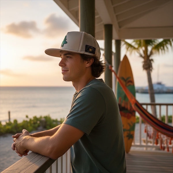 Forest Sand Dunes tan structured trucker hat lifestyle view worn by man on oceanfront deck at sunset with surfboard and palm trees Key West | Lost Boy Creations Key West